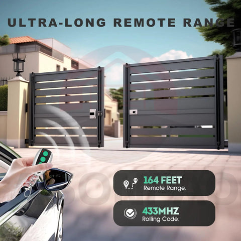 Three Pack M12 Gate Opener Remote For Swing Sliding Gates With Four Button Controls And Industrial Grade Chip 433.92MHz Compatible With Aleko Lockmaster Carsa And More 5 Year Warranty shown from a distance opening a gate