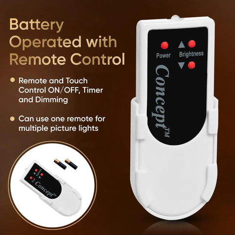 Cordless Led Picture Light With Remote Control battery-operated remote showing power and brightness buttons.