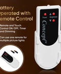 Battery Operated Picture Light With Wireless Remote Control Dimmable Art Light remote close-up, 7.75 Inch metal black.