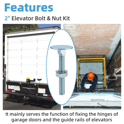 Built Tough 2 Inch Stainless Steel Elevator Bolt And Nut Kit Including 10 Heavy Duty Pieces Designed For Zero Hassle Mounting On Commercial Truck Rolling Doors And High Speed Elevating Door Tracks. Close-up of bolt and nut for easy installation.