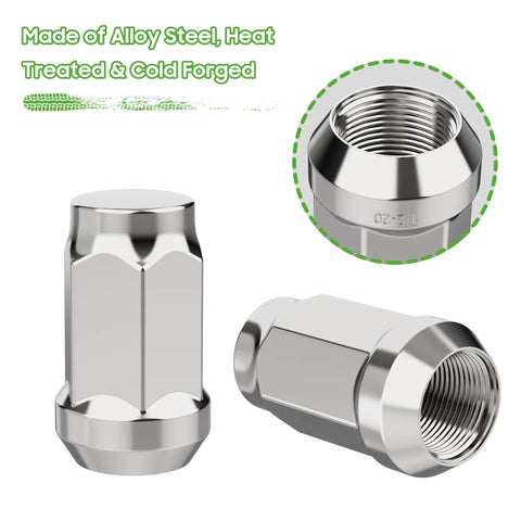 Chrome Golf Cart Lug Nuts Set 16 For EZGO And Club Car, 1/2-20 Thread, showing heat-treated and cold-forged alloy steel