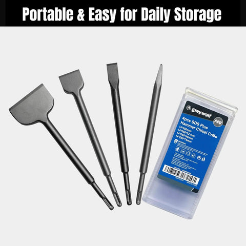 Beefy SDS Plus Rotary Hammer Tile Chisel Set 4 Piece Kit Includes Pointed Flat Scraping And Tile Spade Bits with storage box
