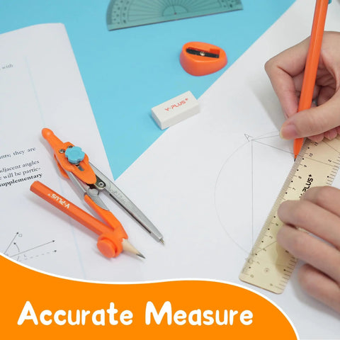 Person using a ruler and mechanical pencil from the Back To School Geometry Gear For Students With Protractor Compass Rulers And Mechanical Pencil Kit 12 Piece Math Tools For Class Supplies Kids And Teens Includes Lead Eraser Sharpener Protractor And Pencil