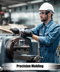 Worker in blue coveralls operating machinery for precision molding in a metalworking shop