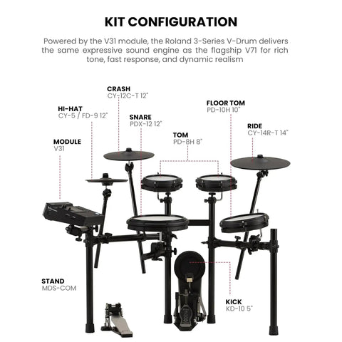 TD313 V-Drums Electronic Drum Kit Bundle With Audio Cable, Drumsticks, Drumstick Bag, And Polishing Cloth low-noise setup front view