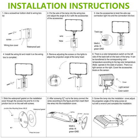 Installation instructions for Dusk To Dawn Outdoor 100W LED Flood Light with Knuckle Mount and Wall Plate.