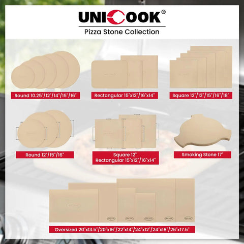 Selection of heavy duty cordierite pizza stones including rectangular, round, and smoking stone for oven and grill use.