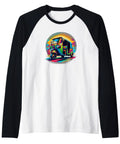 Vibrant Rickshaw Raglan Baseball Tee Bursting With Bold Asian Street Art featuring colorful rickshaw graphic on white and black fabric.
