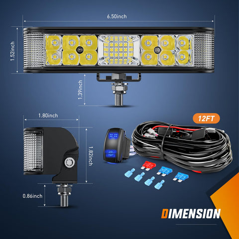 Side Shooter LED Light Bar Pair 6.5 Inch 60W Flood and Spot Beam Combo Pods with 16AWG 5Pin Switch Harness dimensions