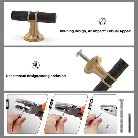10 Pack Matte Black and Champagne Bronze Knurled Cabinet Knobs and Drawer Pulls with assembly steps, rugged knurling finish.