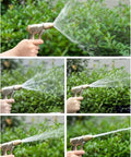 Hand holding a metal nozzle spraying water on greenery, showcasing the use of Heavy Duty Garden Hose Reel Cart With Wall Mount Water Hose Holder, Sturdy Stainless Steel Build, Smooth Rolling Mechanism, Kink Free 132 Foot Tube, Straight Up Game Changer For Yard Work.