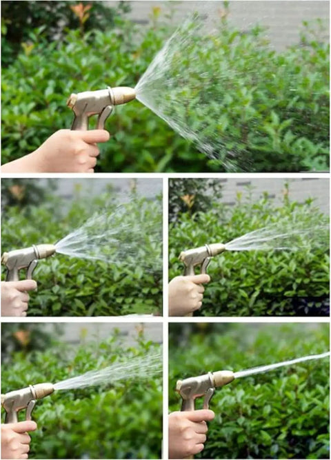 Hand holding a metal nozzle spraying water on greenery, showcasing the use of Heavy Duty Garden Hose Reel Cart With Wall Mount Water Hose Holder, Sturdy Stainless Steel Build, Smooth Rolling Mechanism, Kink Free 132 Foot Tube, Straight Up Game Changer For Yard Work.