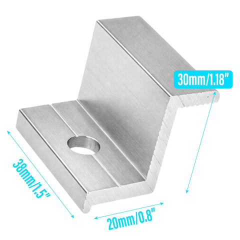 Rock Solid 10 Pack Aluminum Solar Panel End Clamps For 30mm Frame Height With Z Style Roof Mount Brackets, 30mm silver clamp detail.
