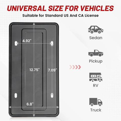 Stainless Steel License Plate Frame Holder No Obstruction For 6x12 Inch Car Tags Fits SUV Truck Trailer Front Or Rear Bumper With Screw Accessories Built Tough Bracket shown with dimensions
