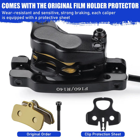 Four Piston Hydraulic Disc Brake Kit for Mountain Bikes and E Bikes with protective caliper plate and ceramic pads
