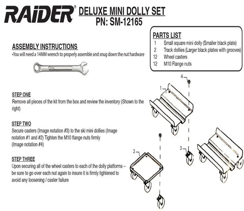 Assembly instructions for Heavy Duty Snowmobile Dolly Kit with steel frame and casters, parts list included.