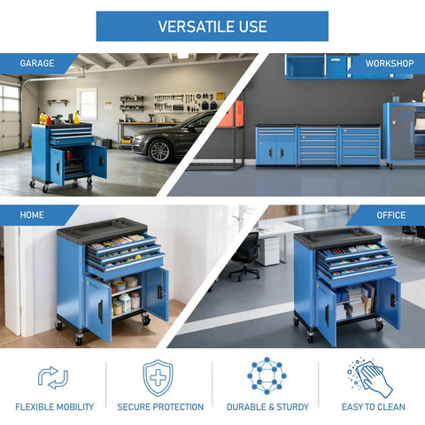 No Brainer Heavy Duty Rolling Tool Chest With Three Spacious Drawers And Double Doors Smooth Roll Casters displayed in garage, home, workshop, and office settings.
