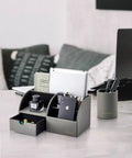 Dope PU Leather Desk Caddy Organizer Set With Drawer And Pen Holder on marble desk with pens and devices visible