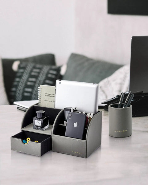 Dope PU Leather Desk Caddy Organizer Set With Drawer And Pen Holder on marble desk with pens and devices visible