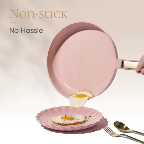 Nonstick Cookware Set 14 Piece, PFAS Free And Non Toxic, Dishwasher Safe, Camping And RV Ready, Pink Blush Granite coated pan with egg