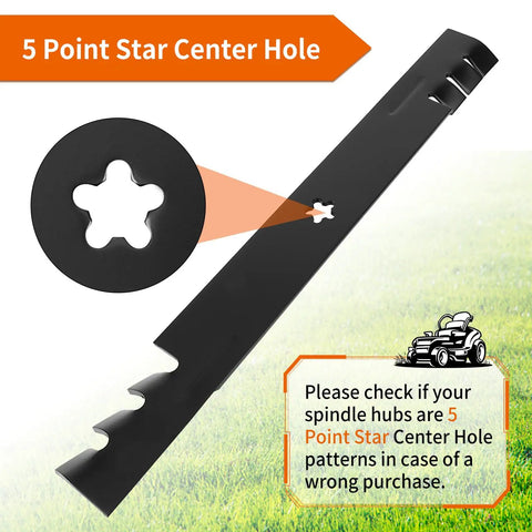 42 Inch Mower Blades For Lawn Tractors Gator Mulching Blades Compatible With Craftsman Husqvarna Poulan Riding Mowers Replace 127843 134149 138971 2 Pack Beefed Up Heavy Duty Performance For A Cleaner Deeper Cut showing 5-point star center hole