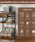 Four Tier Coffee Bar Cart With K Cup Holder And Milk Frother Stand Featuring Hella Convenient Storage Layout In Rustic Brown Finish, showcasing coffee essentials on shelves.