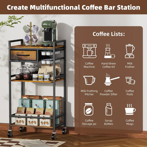 Four Tier Coffee Bar Cart With K Cup Holder And Milk Frother Stand Featuring Hella Convenient Storage Layout In Rustic Brown Finish, showcasing coffee essentials on shelves.
