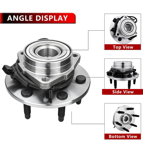 4WD Front Wheel Hub And Bearing Assembly Compatible With Cadillac Escalade EXT, Chevy Avalanche 1500, Express 2500, 6 Lug, top, side, bottom views