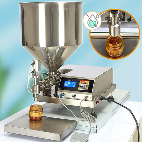 Bang For Your Buck Pneumatic Liquid Filling Machine with stainless steel hopper filling a jar of honey.