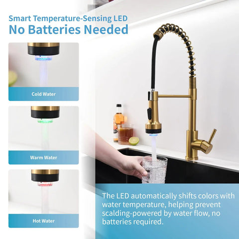 Gold Kitchen Faucet With Soap Dispenser And Pull Down Sprayer, Three Color LED Temperature Light, Battery Free, in use
