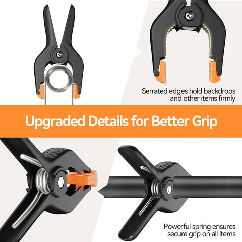 Close-up of Six Pack Heavy Duty 4.5 Inch Plastic Spring Clamps for Backdrops and Photography Studios showing serrated edges and grip
