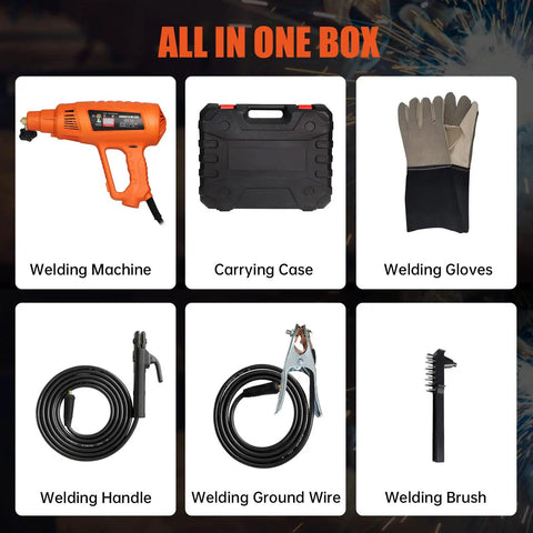 ARC Handheld Welder 110V IGBT Inverter with Digital Display, gloves, handle, wire, brush, and case for DIY projects.