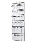 Over The Door Space Saver Shoe Organizer With 24 Mesh Pockets Hanging on white door, breathable non-woven fabric.