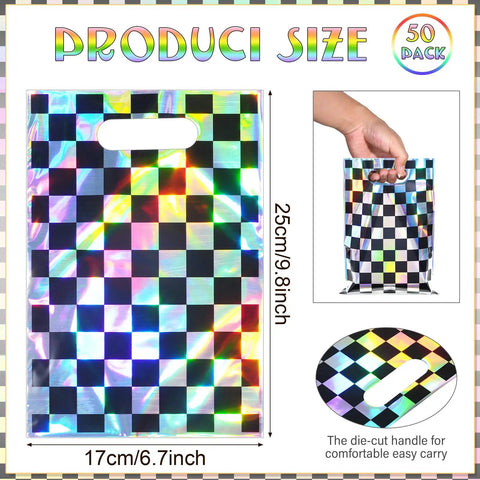 50 Pack Iridescent Checkered Race Car Party Favor Bags Black And Iridescent Plastic Goodie Bags Racecar Laser Plaid Gift Bags