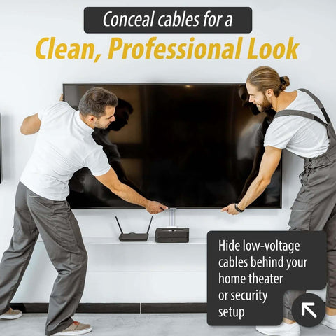 Installed view of DataComm 1 3/4-inch wall plate with brushes for hiding low-voltage cables behind a wall-mounted TV