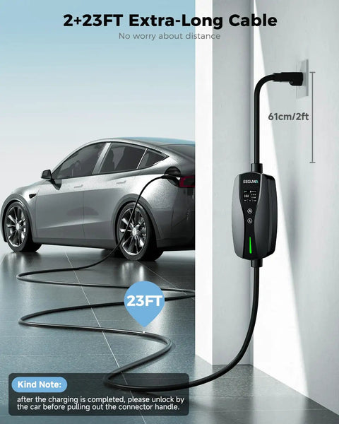 Level 1 2 Portable Ev Charger With Native Nacs Port Nema 5 15 Plug Adjustable 6 To 16 Amps for Tesla Ford Rivian Hybrids, 23FT long cable.