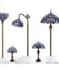 Tiffany Style Blue Purple Stained Glass Table Lamp For Reading And Decor, 12 Inch Shade, 18 Inch Tall, Antique Green Bronze Base, S558 Series