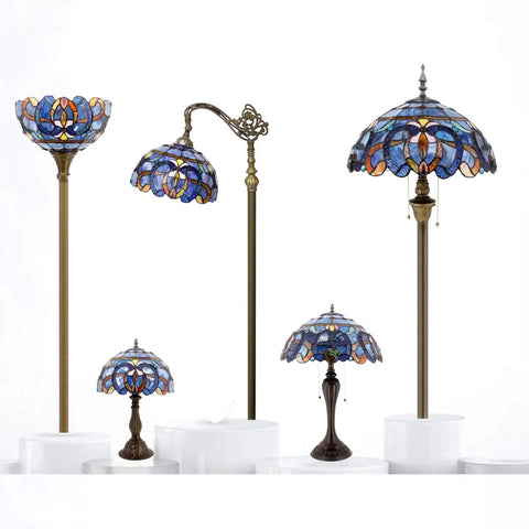 Tiffany Style Blue Purple Stained Glass Table Lamp For Reading And Decor, 12 Inch Shade, 18 Inch Tall, Antique Green Bronze Base, S558 Series