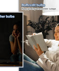 Side-by-side comparison: woman reading with Emergency Rechargeable LED Light Bulb With Battery Backup To Keep The Lights On During Power Outages 12W 6500K Cool White 65W Equivalent Self Charging During Daily Use Delivers 4 To 5 Hours Of Bright Lighting When The Power Goes Out At Home vs sitting in dark with other bulb during power outage.