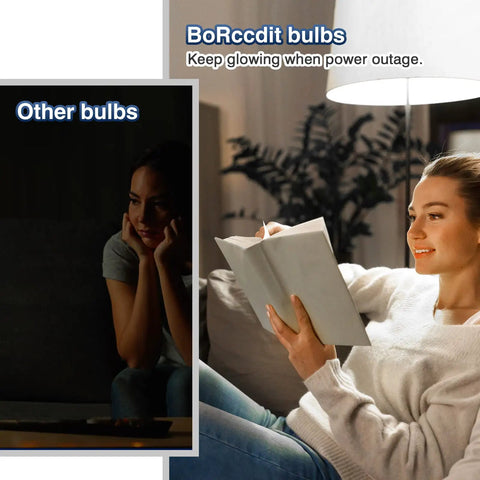 Side-by-side comparison: woman reading with Emergency Rechargeable LED Light Bulb With Battery Backup To Keep The Lights On During Power Outages 12W 6500K Cool White 65W Equivalent Self Charging During Daily Use Delivers 4 To 5 Hours Of Bright Lighting When The Power Goes Out At Home vs sitting in dark with other bulb during power outage.