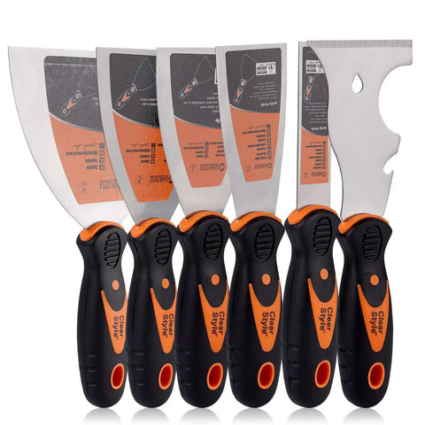 Six Pack Putty Knife Set With Multifunction Scraper Painters Knife For Drywall Taping Pro Grip Handle Stainless Steel Rust Resistant Non Slip TPR Comfort Grip