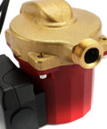 Close-up of 115 Volt Hot Water Circulator Pump Fractional Horsepower Bronze Heat Recirculating Unit displaying brass fittings.