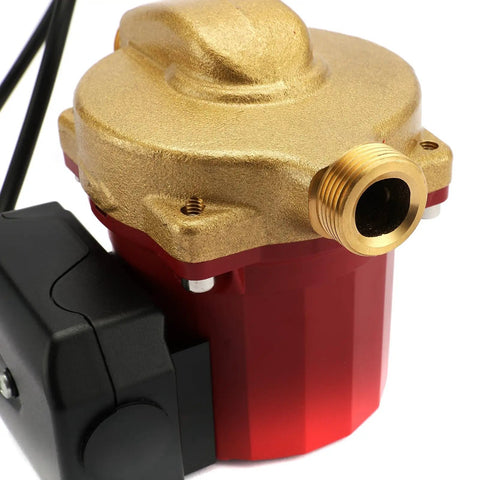 Close-up of 115 Volt Hot Water Circulator Pump Fractional Horsepower Bronze Heat Recirculating Unit displaying brass fittings.