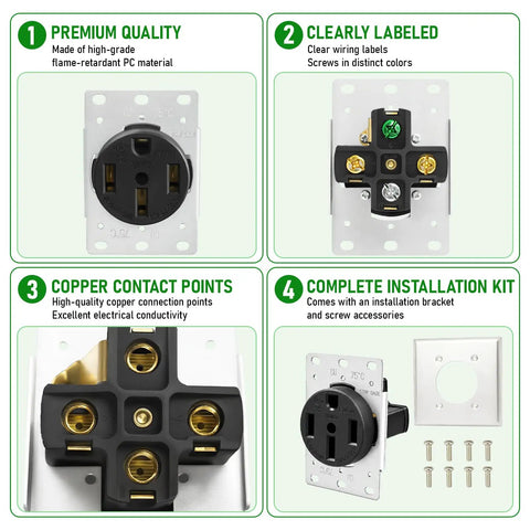 Heavy Duty Nema 14-50R 50 Amp EV Charging Outlet With Wall Plate Solid Grounding For Rv Dryer Welder Ready To Roll installation kit details.