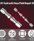 Front view of 2-piece 3/8 in hydraulic hose repair kit with chrome metal fittings and threaded connectors