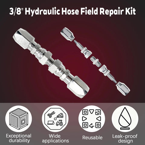 Front view of 2-piece 3/8 in hydraulic hose repair kit with chrome metal fittings and threaded connectors
