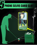 Launch Monitor With Automatic Ball Dispenser And Swing Trainer, showing phone holder and ball dispenser for golf practice.