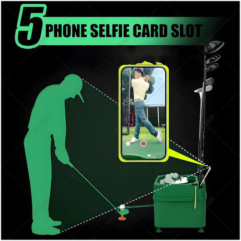 Launch Monitor With Automatic Ball Dispenser And Swing Trainer, showing phone holder and ball dispenser for golf practice.