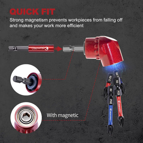 105 Degree Right Angle Drill Attachment Set With One Quarter Inch Hex Shank Magnetic Bit Holder And Four PZ2 PH2 Screwdriver Bits