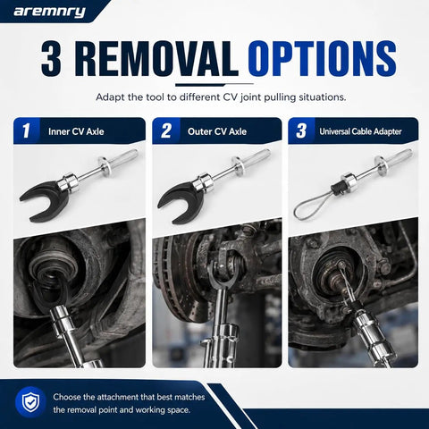 3 removal options for Professional 10 Lb Slide Hammer Inner CV Joint Puller Kit for FWD and AWD Axle Removal Tool.